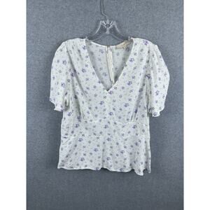 Loft Top Women's 14‎ White Purple Floral Print Short Sleeve V Neck Back Zipper